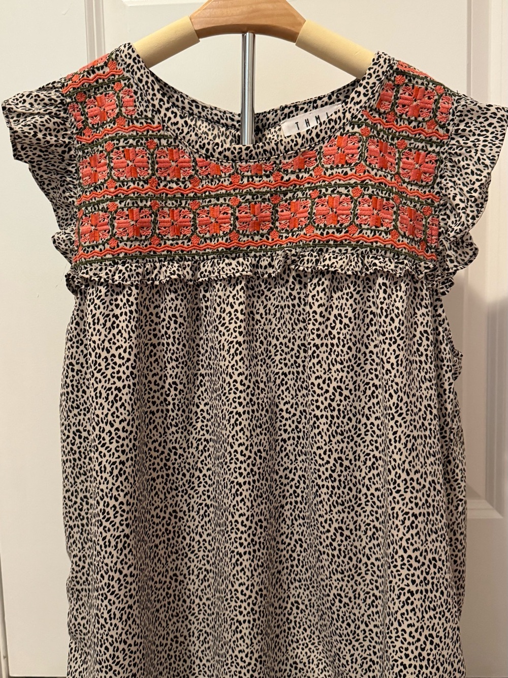 THML Leopard Print top with Coral Embroidered Yoke